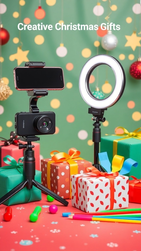 A collection of Christmas gifts for reel creators, featuring a stabilizer, ring light, and props on a festive background.